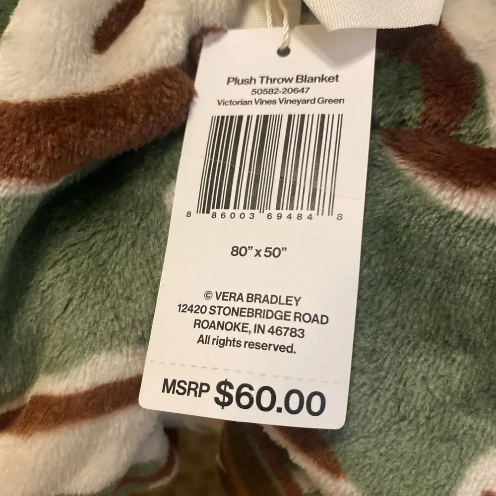 NWT Vera Bradley 50x80 Throw Blanket Victorian Vines Vineyard Green